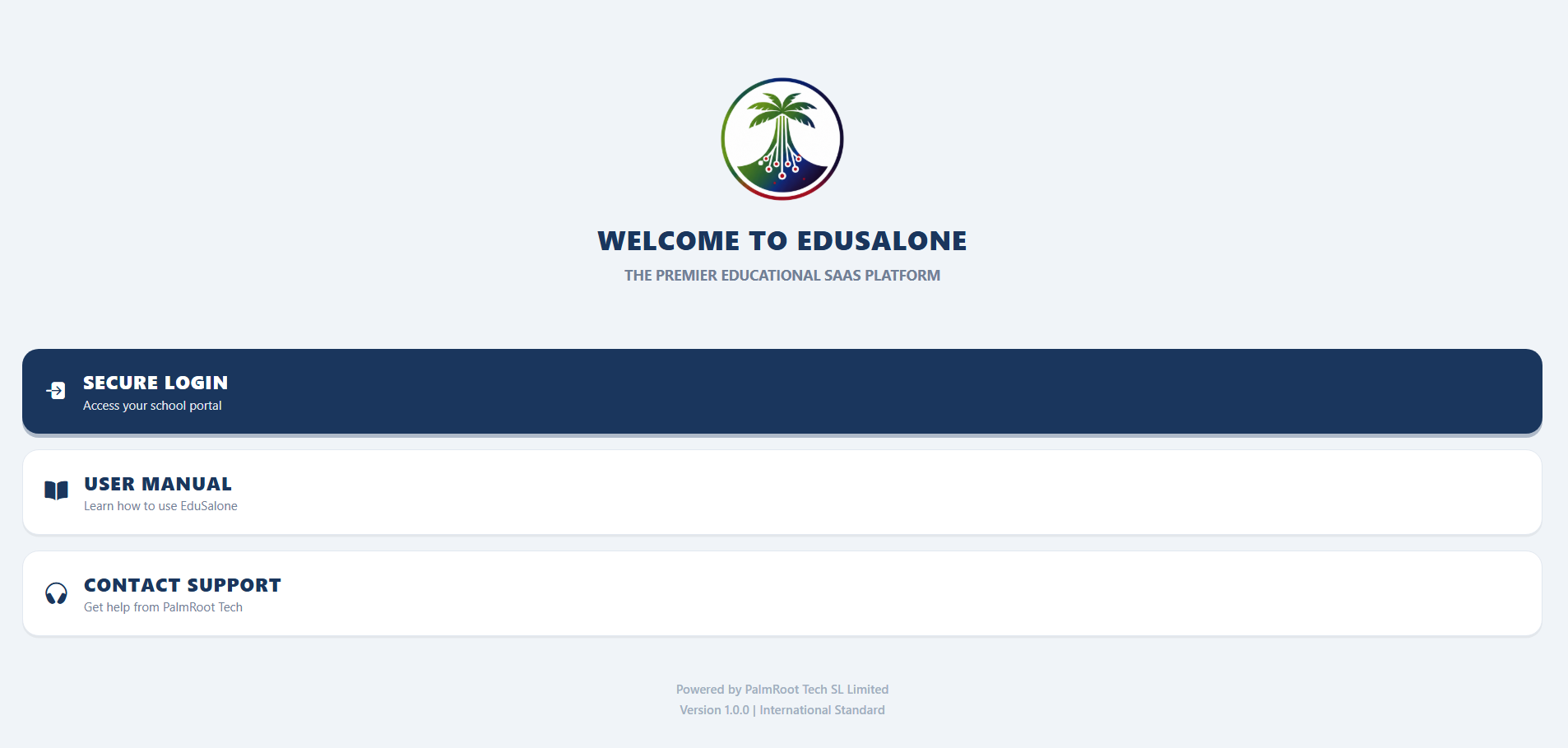 EduSalone home screen showing Secure Login, User Manual and Contact Support options